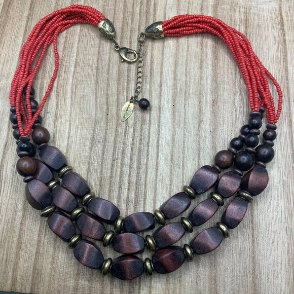 Coldwater Creek Boho Red Multi Strands Wood Beaded Necklace - Picture 2 of 7